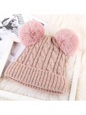 Double Pom Pom Knitted Hat  (Plush Inside)